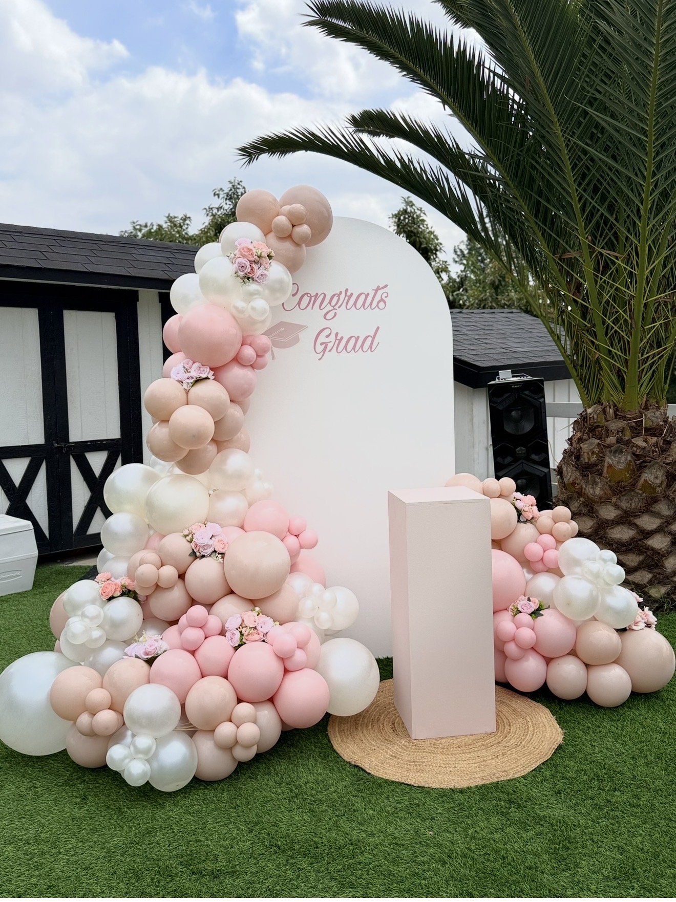 Pink and pearl graduation balloon backdrop